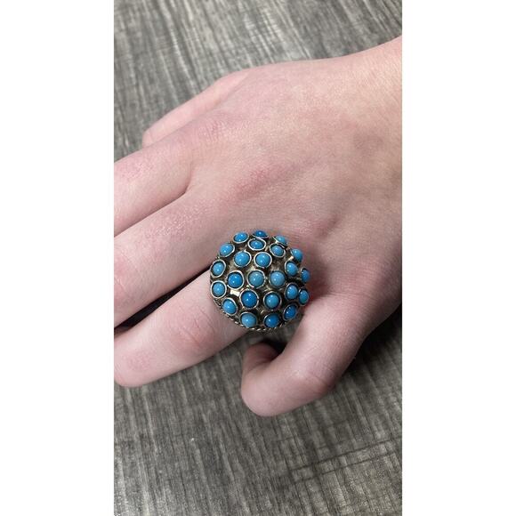 Vintage Atomic Sputnik Ring Blue Cabochon Cluster Silver Tone Size 6 - Picture 9 of 9